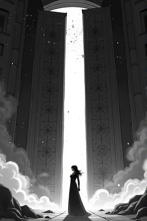 
> "Black and white light novel cover illustration in manga style, featuring a dramatic encounter between Clara and Morgath inside the mystical Gate of 1000 Worlds. Clara, a young woman in her early 20s with long, wavy dark brown hair, stands on one side, ...