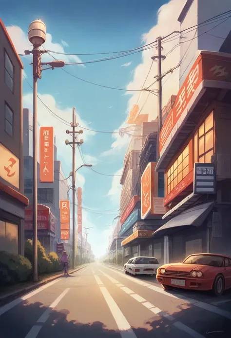 Create a highly detailed, semi-realistic scene of a busy Japanese city road at sunset. The road is filled with cars, buses, and pedestrians, with neon signs and billboards in Japanese text illuminating the surroundings. Buildings with realistic textures an...