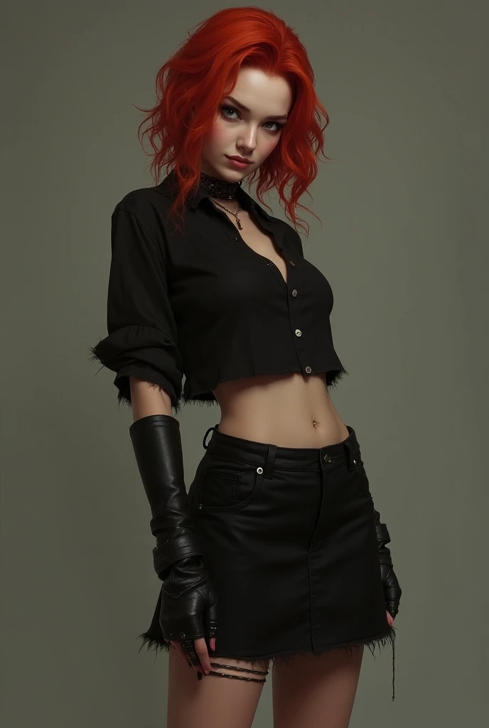 a red-haired girl with a torn black knee and a short black blouse with black boots.