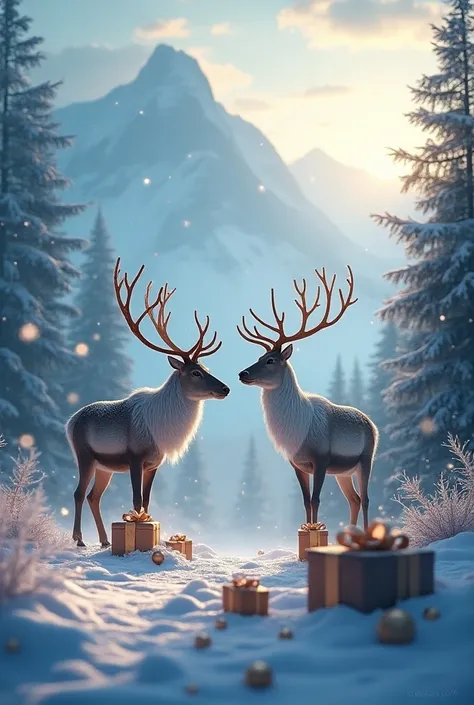 a snowy winter landscape with falling white gift boxes wrapped in gold ribbon, reindeer and other winter elements in the background, highly detailed, photorealistic, 8k, masterpiece, dramatic lighting, cinematic composition, fantasy, magical, snowflakes, i...