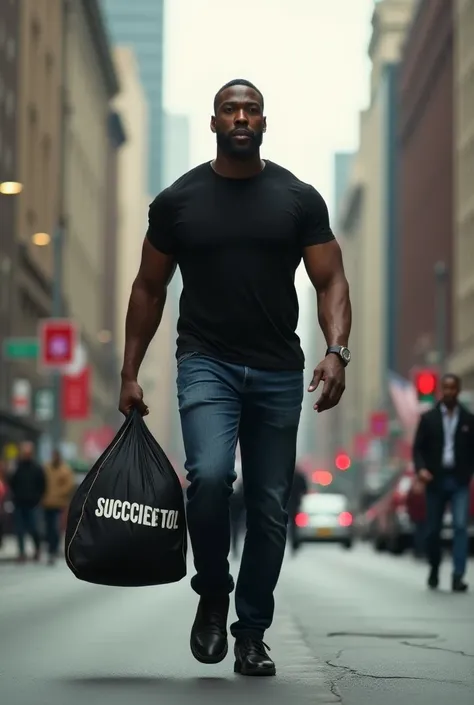 A black man steping in the street carrying a huge bag bur written success,back angle