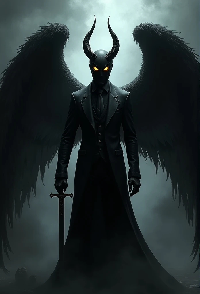 Black winged angel, wearing a black mask, wearing a black suit, having black horns, holding a sword, yellow eyes, dark and black aura, best quality