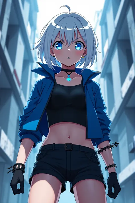  Screenshot of my hero academy of a girl with short white hair and blue eyes and a tight black necklace and a lightning bolt earring,  wears a blue jacket and a black shirt and black shorts and has headphones and black gloves and a barbed bracelet on her a...