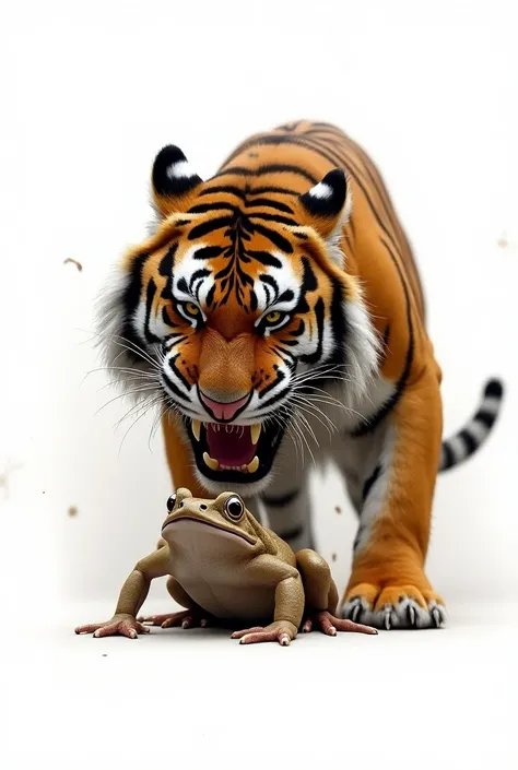 Tiger on white background. Tigger is bitten A brown frog.