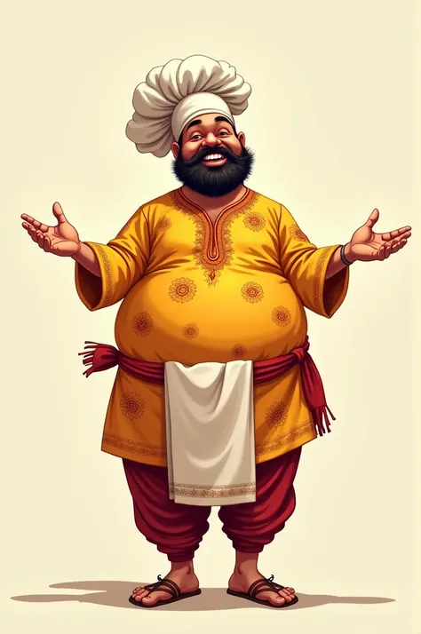 Generate a illustration of an indian chef who has a fatty tummy wearing kurta and big towel on it smiling with spreading his both of hands and looking to front