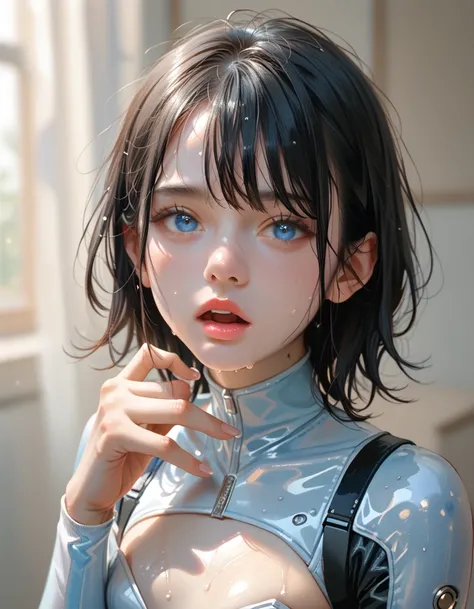 Black Hair, blue eyes, small breasts,、Cyber Suit、A friendly expression 、Small open mouth、Light pink lipstick hold out your hand here、 sweaty、Sharp Eyes、A look that looks into us