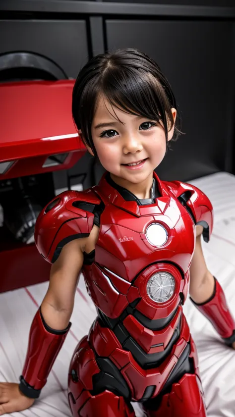 best quality　 8k full body red war machine suit girl　gloss　 little elementary school girl　sweaty face　cute　 short hair　 boyish　s...