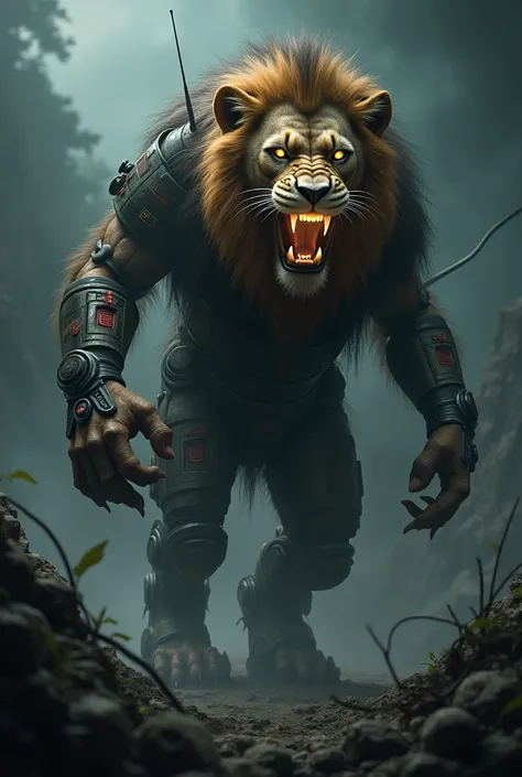 
 "Create a hybrid creature merging the features of a lion and a classic keypad mobile into a single, monstrous entity. Give it a powerful lion’s body with a keypad on its chest or back, and a mobile screen integrated into its face or eyes, which glow with...