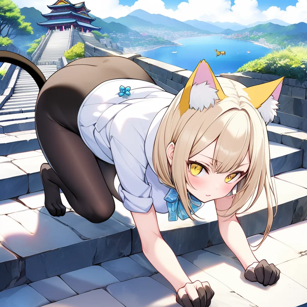 nekomata on all fours on stone steps with a view of the sea, girl with cat tail and short white fur jacket, nekomata from shin m...