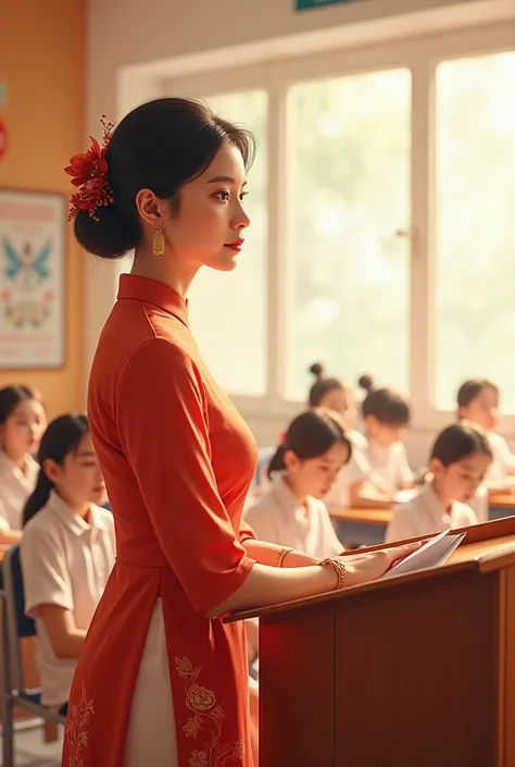 Please draw me a picture measuring 120cm wide and 360cm long on the topic of teacher appreciation on Vietnam Peoples Teachers Day. The teacher is wearing ao dai, standing on the podium while high school students sit and listen to the lecture