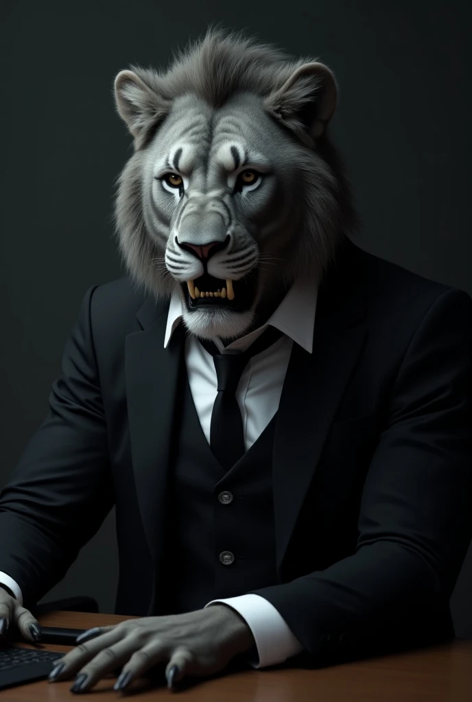 Evil lion gray face sitting in a computer dressed in black classic dress white shirt