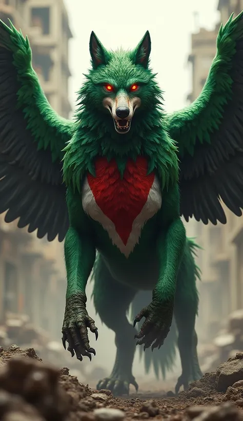 (photorealism:1.2) Wolf and Eagle hybrid , coloured like palestine flag, angry, gaza 