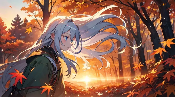 1 girl, beautiful, silver hair, long hair, blue eyes, profile, autumn, forest, autumn leaves, sunset, sound of insects, peaceful, soothing particles, happy, glad, (fleeting), masterpiece, highest quality, detailed drawing,