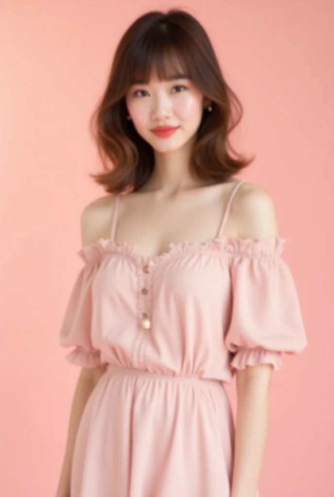 a girl with slightly large breasts with shoulder-length hair cut in layers in brown with fringes and wearing a pale pink dress with a pale pink background posing for a catalog
