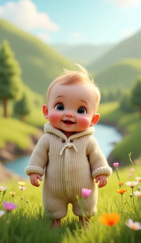 A cute baby is standing facing the front