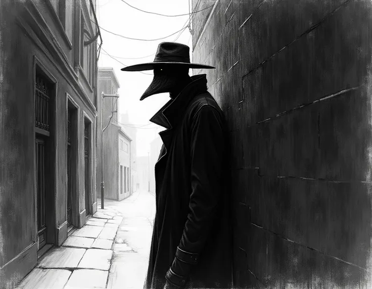 Draw a strange man , with a hat and coat hiding from police and people in an alley in the shadows in simple and easy to trace black and white pencil
