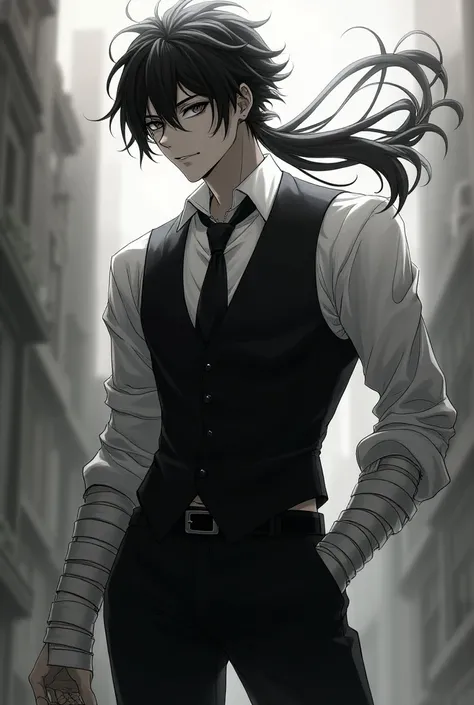 make a male character that wears a long sleeve shirt and a formal vest over it and wears black pants and has bandages wrapped all over his arms and his hair has black and white flowing back (in a anime style)