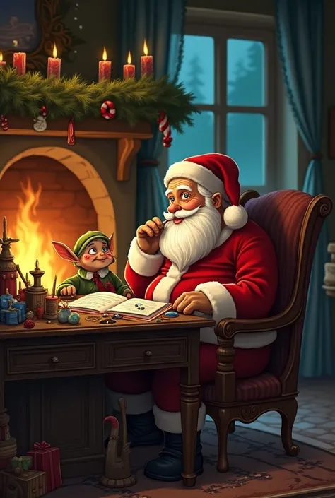 Illustration of Santa Claus in a comfortable red suit,  sitting at a large wooden desk full of toys and looking thoughtful. Tiko the goblin is standing near , listening carefully,  with paint splashes on his cheek .  The glow of a fireplace provides warmth...