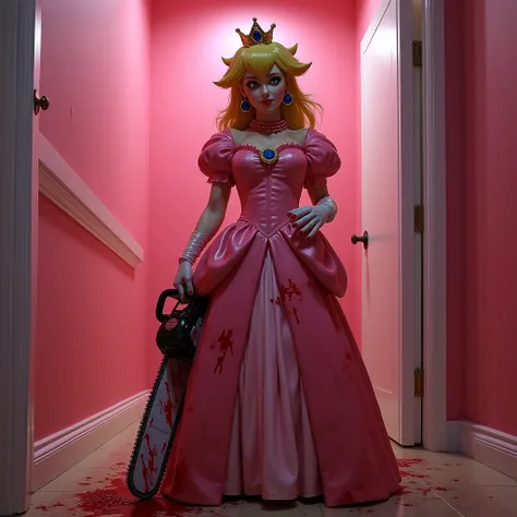 Full body image of realistic Princess Peach smirking suspiciously, looking at the camera, and holding a chainsaw covered in blood, her dress and face covered in blood stains, her boobs visible covered in blood, background is a pink room. Realistic image. r...