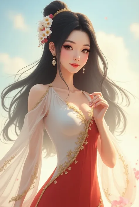 Depict a stunning Chinese woman in her late 40s with long, flowing black hair adorned with white flowers. She has deep amber eyes, a soft smile, and exudes mature elegance. She wears a form-fitting, white and red dress with gold accents that highlights her...