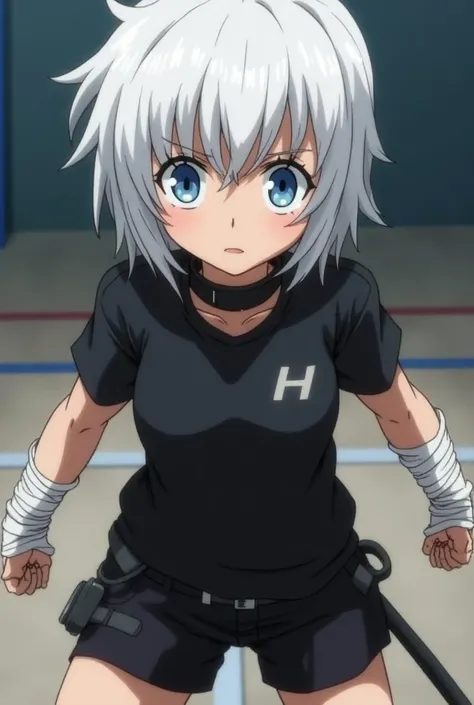  Screenshot from my hero academy of a girl with short white hair and blue eyes and a tight black collar and an ear piercing,He has a short black shirt and black shorts and bandages on his hands and he is training  