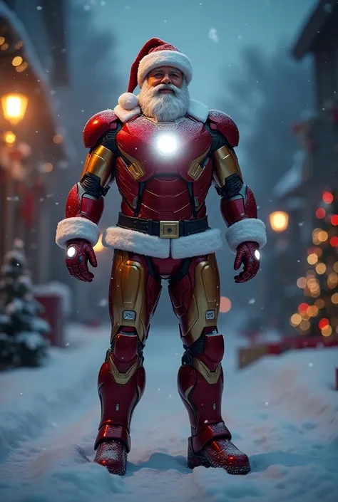  combination of santa and super hero marvel iron man , evening scene with snow 