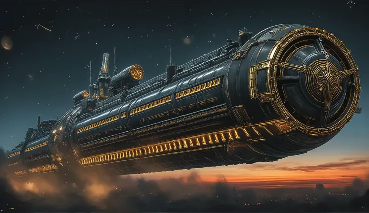 Sci-fi cinematic scene. Solar system cosmos background. The giant spaceship, long rectangular box shape body, perpendicular, Emblem, metallic mechanical ship bridge, golden runes and cybernectic line, Grimmdark, mechanical, Gothic, guns, turrets, (Ultra-re...