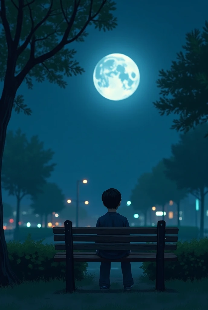 Alone boy sitting on a bench in moonlight