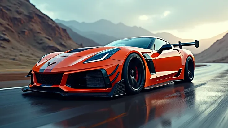 An extreme low-angle shot of the Corvette ZR1 from the side, emphasizing its low ride height, wide wheelbase, and large alloy wheels. Capture details like the carbon fiber side skirts and performance tires, creating a grounded and aggressive look that show...