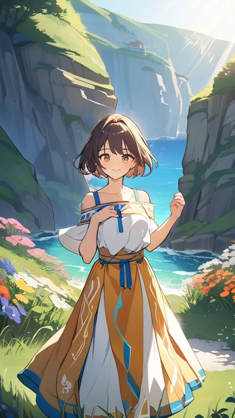 1 girl, ( cute face),  Short Hair, ( side tails :1.2),  traditional Greek costume,  Fantasy Anime Outfit ,  big chest, Natural smile, break,  Aegean islands 々, ( bright sunlight:1.3), Blue Sky,  grass swaying in the wind , break, Spectacular cliffs ,  beau...