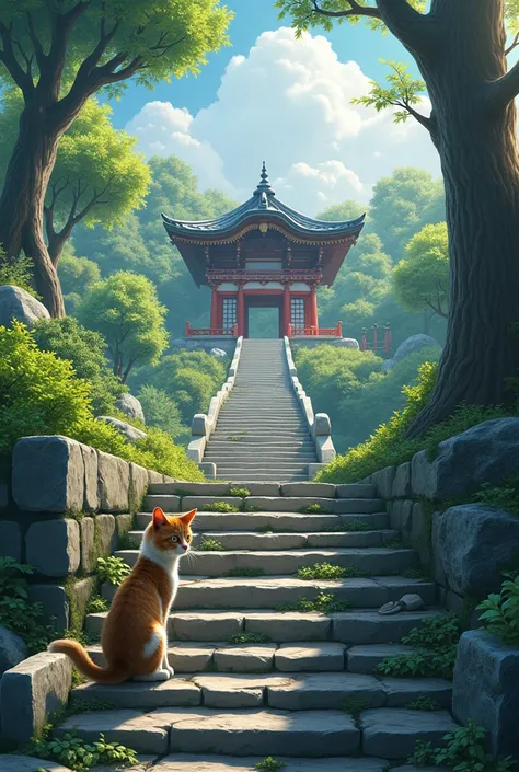  best quality,   very detailed、8k、  Hi-Res,  Scenery、 Fantasy、＃ Daily Challenge、Japan、Stairway to the shrine 、(Cats on the stone steps )、 cat is looking down this way、