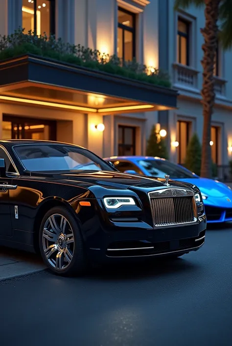 Rolls royce in black colour in luxury hotels in night with blue lamborgini 