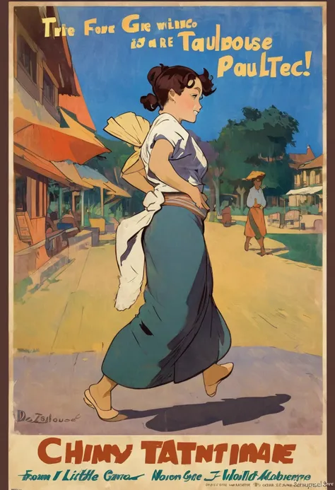 1girl, smile, little fat, brown eyes, forehead, black curly short hair, low twintails hair, outdoor, walking, foot, full body, traditional Tahitian clothes, hotel background, dynamic female action pose, shy, Paul Gauguin: post-impressionism style, Toulouse...