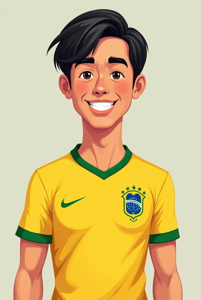 A dark-haired man with straight hair and a Brazilian national team jersey cartoon