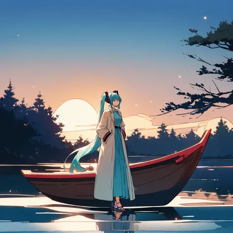 score_9, score_8_up, (masterpiece:1.2), (best quality:1.2), (digital illustration:1.2), intricate details, clean line art, (Hatsune Miku:1.3), (1girl:1.4), (standing in a small traditional boat on a lake:1.2), (serene, contemplative expression:1.2), (light...