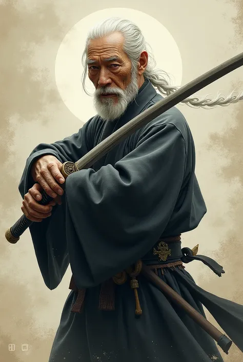 draw me a picture of an old man carrying a katana