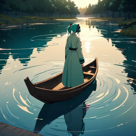 score_9, score_8_up, (masterpiece:1.2), (best quality:1.2), (digital illustration:1.2), intricate details, clean line art, (Hatsune Miku:1.3), (1girl:1.4), (standing in a small traditional boat on a lake:1.2), (serene, contemplative expression:1.2), (light...