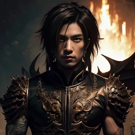 1 man, Japanese man, male, Asian eyes, muscular, broad shoulders, dragon tattoos,  hairstyle Visual Kei style, hair Visual Kei, black mens shirt and black pants, ultra detailed face and eyes, hyperrealistic, realistic representation, long hair, long hair, ...