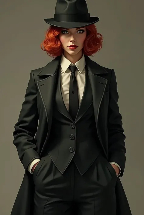  Tough detective of the 1920s ,  striking red hair styled in soft waves, tailored overcoat , Suit,  tie and fedora hat ,  sharp and objective attitude , pinup,  full body shot , standing, Sensual, seductive