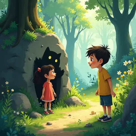 Animated image : Illustration of a small, playful shadow with a cheeky grin, peeking out from behind a rock. The friends two young girl and one boy look surprised but curious, with the forest in the background.