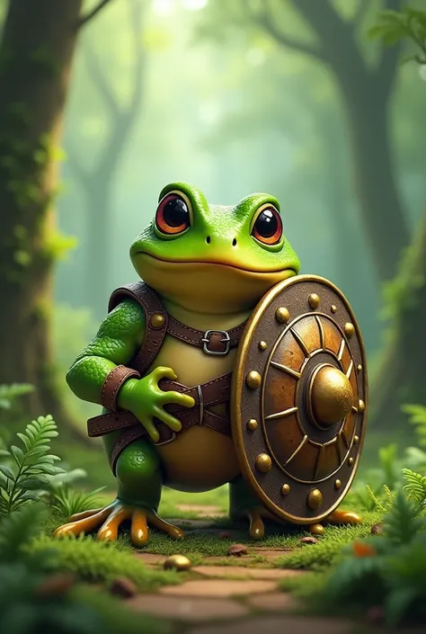 draw a small round cute warrior frog holding a large roman style shield