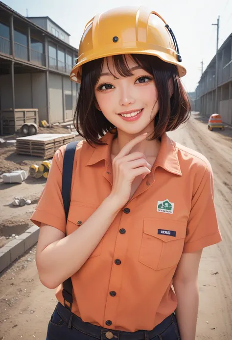   beautiful adult woman ,   Hi-Res ,超  Hi-Res , Natural Light,  smile,  bob cut, helmet ,Construction worker, Work clothes, Wide angle of view, construction site, 日中はNatural Lightが入る, Facing right 