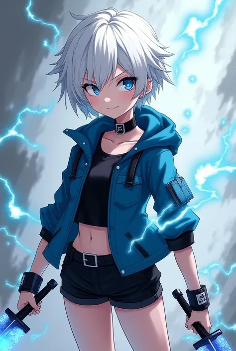  A girl with short white hair and blue eyes and a tight black collar ,  wears a blue jacket and a short black shirt and black shorts with boots and wears black gloves and has
Lightning Swords, in the style of my hero academy  