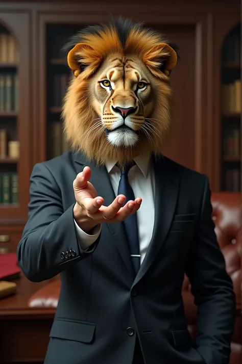 Lion face The hand of a man in a classic suit sits in a luxurious office in a computer