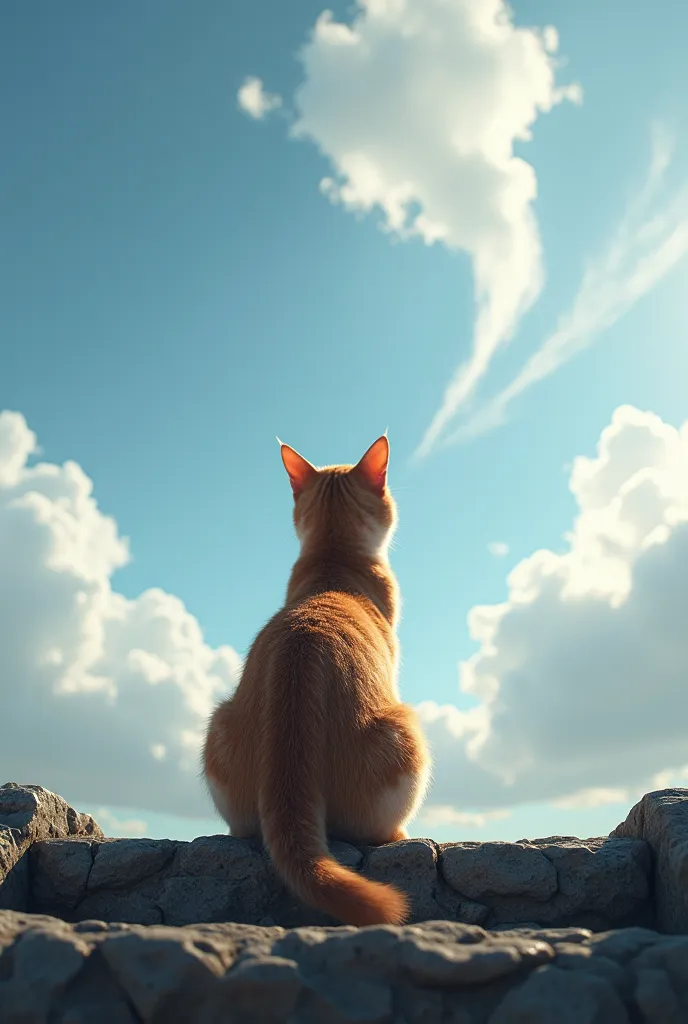 ((masterpiece, highest quality, Highest image quality, High resolution, photorealistic, Raw photo, Extremely detailed CG unified 8k wallpaper)), Back view of the cat sitting on the stone steps, looking up at the clouds,