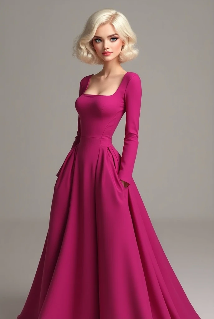  Creates an image of a girl who is full bodied ,  with short platinum blonde hair ,  with a fuchsia dress , long,  with long sleeves and square neckline , without a waistband , the straight and long skirt ,  with pleats on the right side and an opening in ...