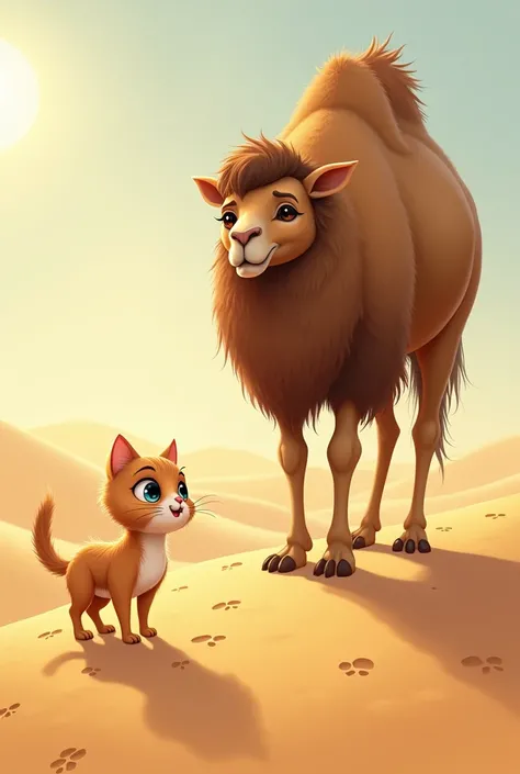 Step 1: The Meeting
One hot afternoon in the desert, a curious little cat named Kitty wandered far from her home in the village. She found herself lost and overwhelmed by the endless sand dunes. Just then, she spotted a large figure in the distance: a frie...