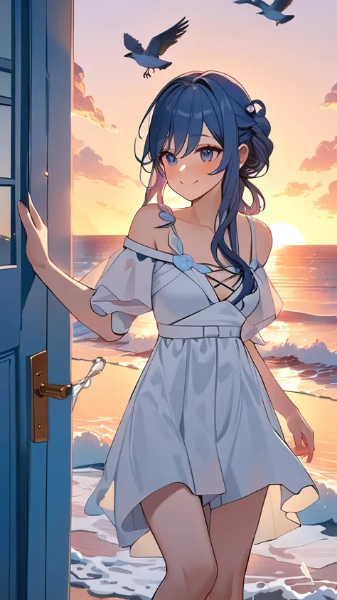 1 girl, ( cute face), ( Long Wave Hair :1.2),  Fantasy Anime Outfit,  white chiffon blouse,  Medium Chest , smile, break, Aegean Beach , ( soft sunset :1.1), Sparkling water surface,  gentle sound of waves , break, White House々, Blue Door,  Bird Chirping ,...