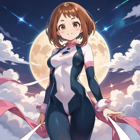 (side angle), ochako uraraka, brown eyes, brown hair, short hair, blush, blush stickers, bodysuit, skin tight, superhero, slender body, tiny waist. sexy body, sexy figure, slim legs, slim figure, sexy, tiny waist, desireable, tempting, lust