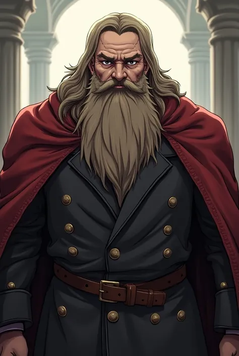 illustrate a stern and burly authoritative king wearing a visible cloak and having long hair, long beard ,  fused with his 40-year-old mustache ,  as in 2D anime  